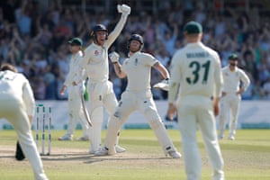 Ben Stokes and Jack Leach celebrate winning the match during day four at Headingley.