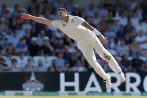 James Pattinson tries to stop a shot off from Joe Root his own bowling.
