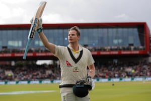 Australia’s Steve Smith raises his bat in appreciation of the standing ovation he received after losing his wicket for 211.