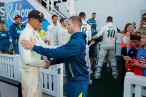 England captain Joe Root embraces the Australian player of the series Steve Smith.