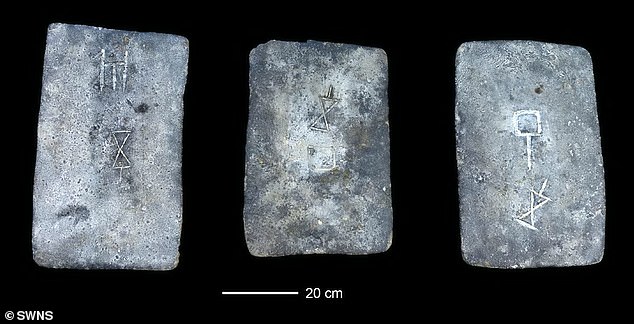 Some of the studied tin ingots from the sea off the coast of Israel, dated to approximately 1300-1200 BCE
